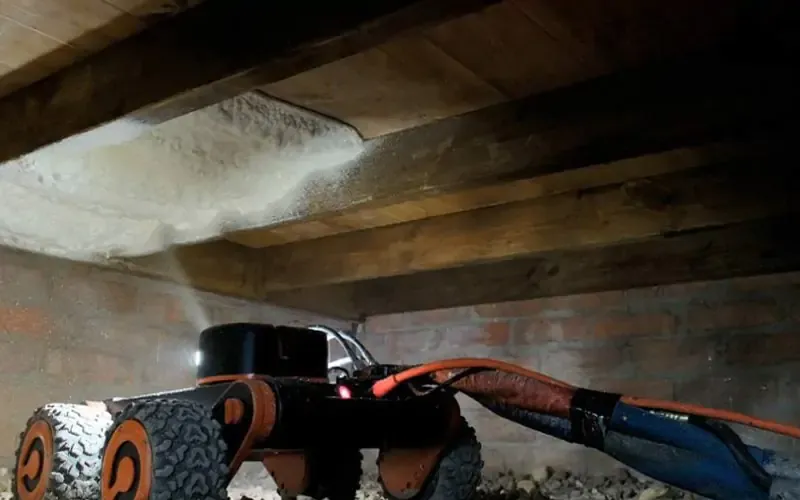 Illustration du robot projetant l’isolant sous un plancher à solives